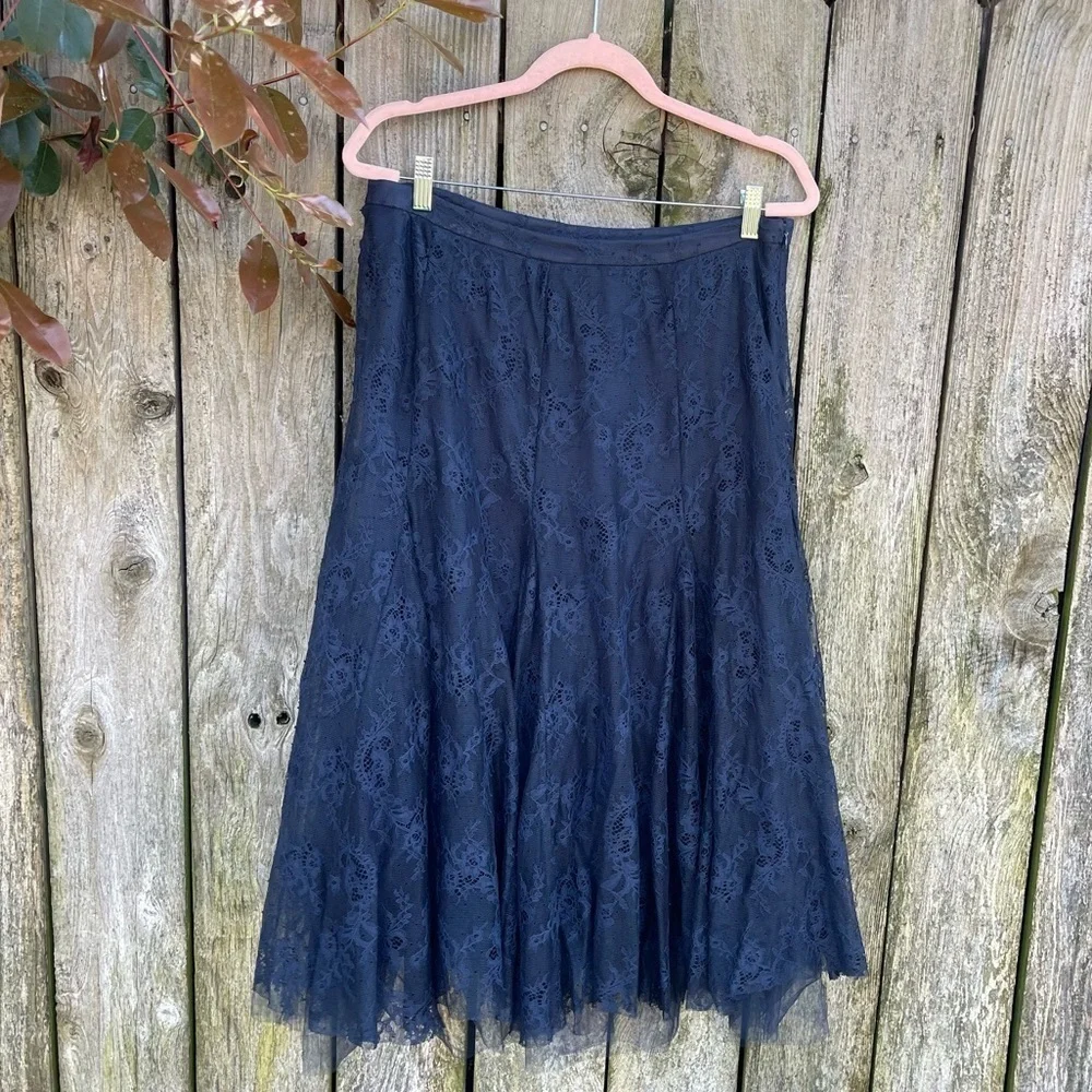 NWT Anthropologie Navy Blue Tulle Midi Skirt Flowy Flared Layered Mesh Size L